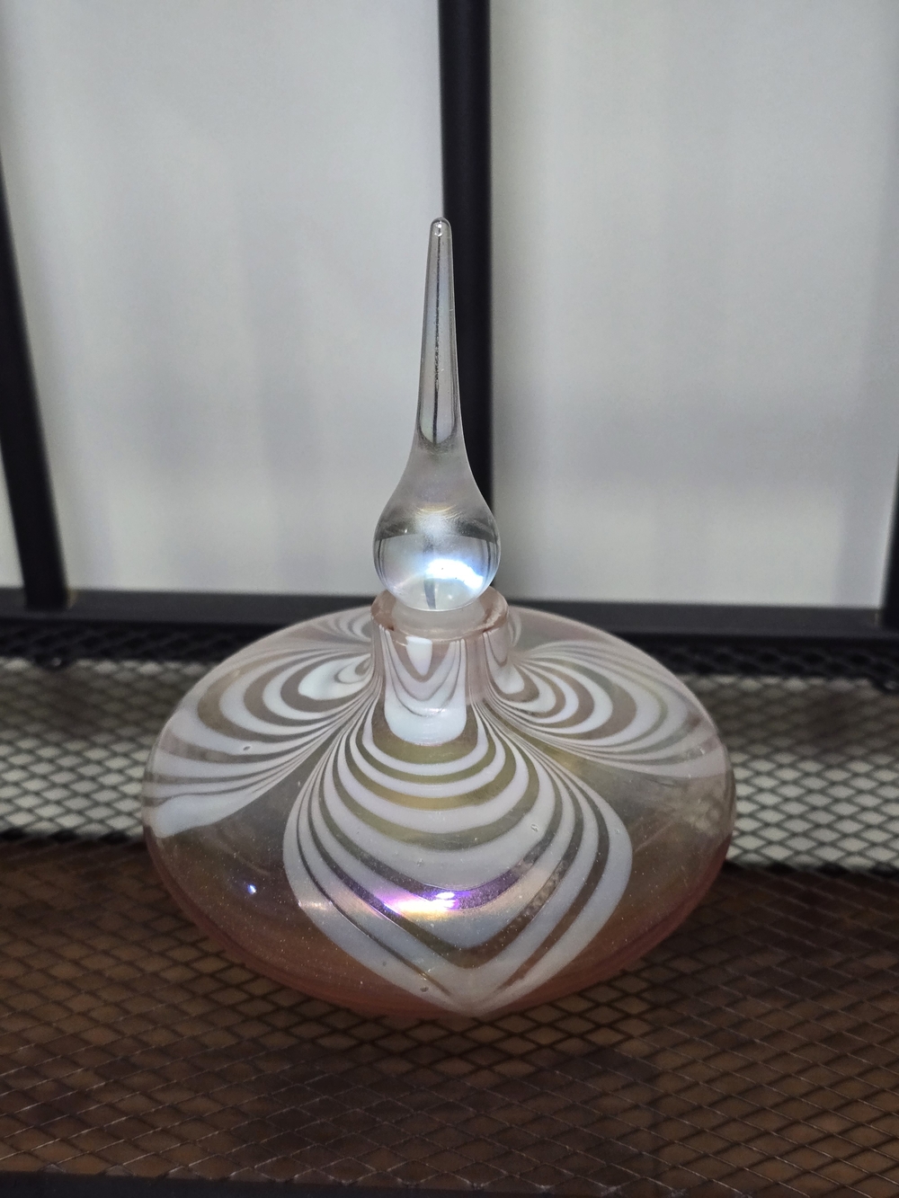 Vintage Iridescent Pink Art Glass Perfume Bottle - Pulled Feather Swirl Design